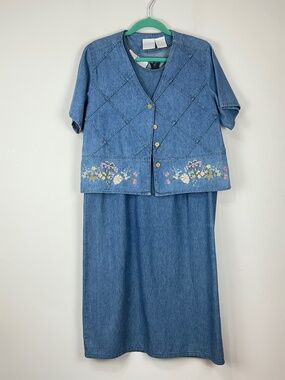 Vintage STONYBROOK Women's Embroiderred Denim Two Piece Dress Jacket Med P